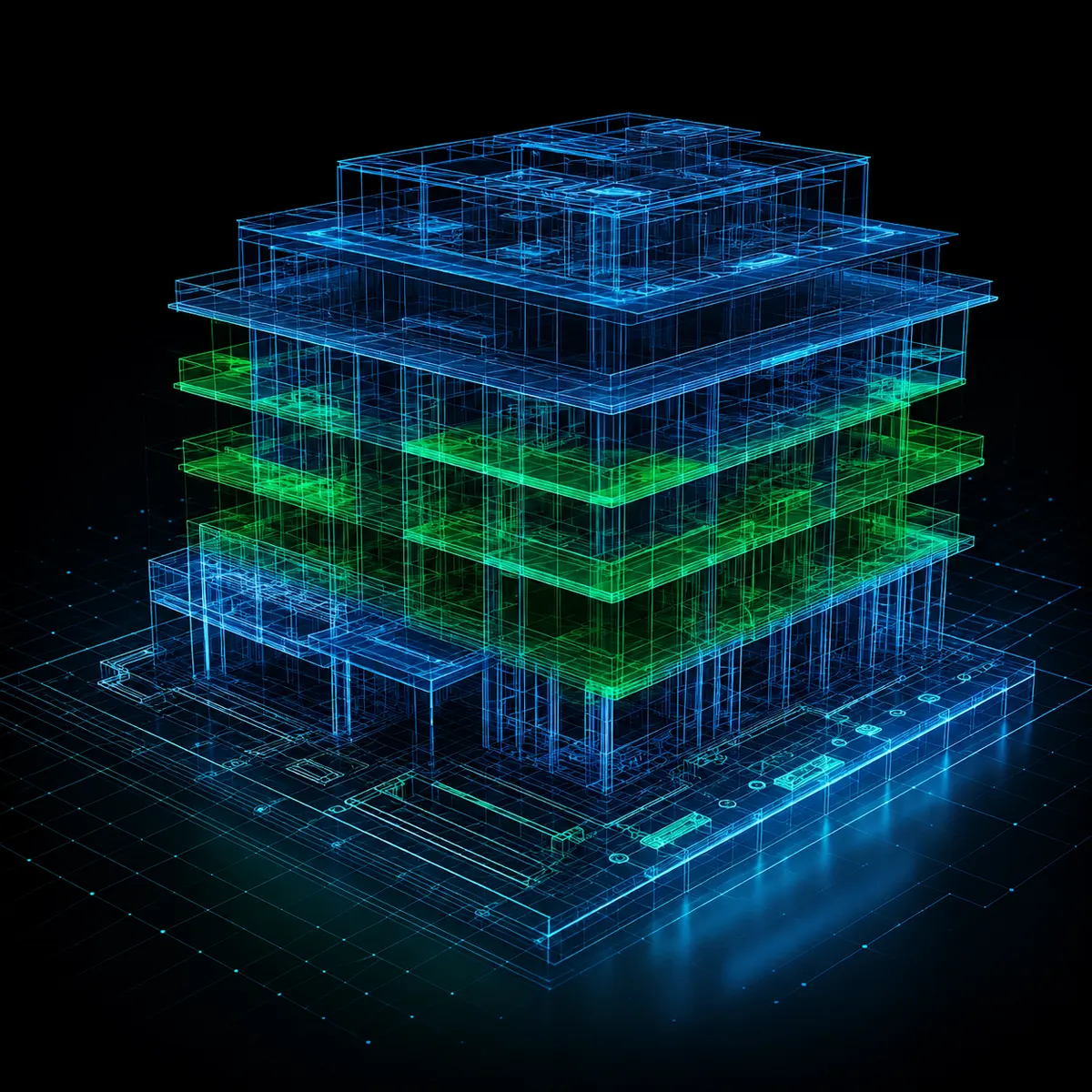 Modelo BIM em wireframe de um edifício sobre malha técnica
