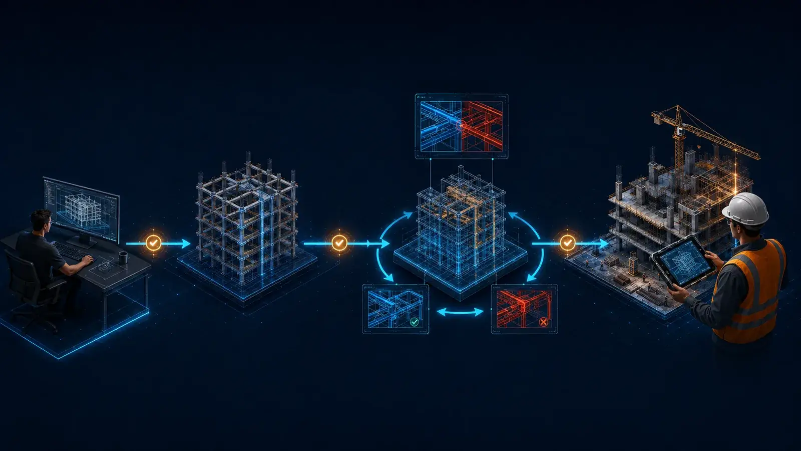 Fluxo da informação entre arquitetura, estrutura, coordenação BIM e gestor da obra