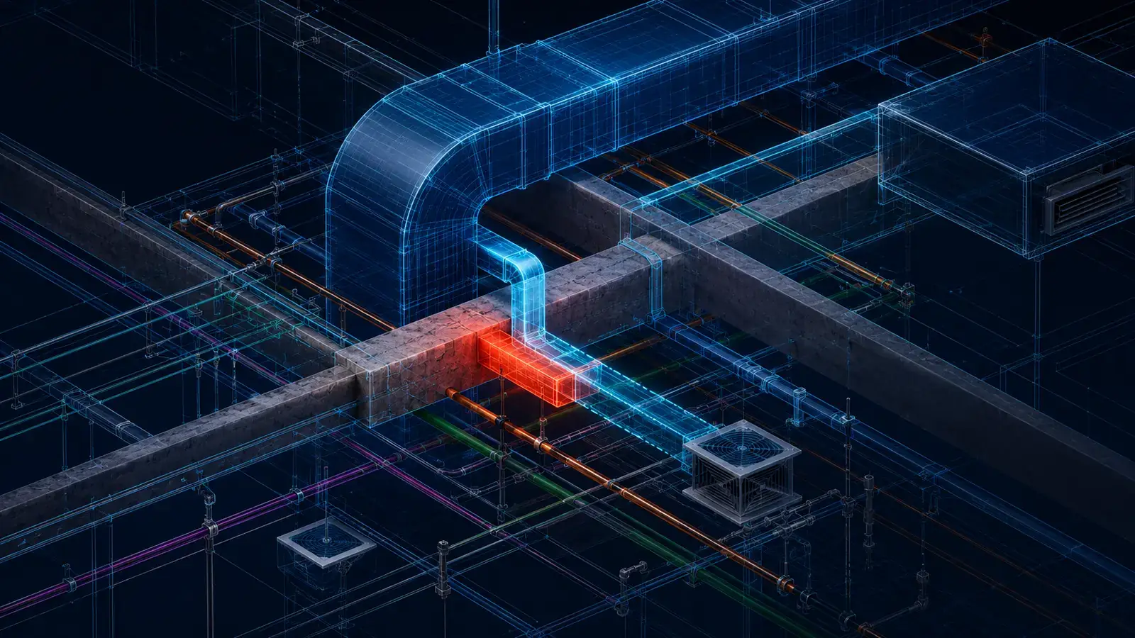 Interferência entre estrutura, duto de HVAC e tubulação identificada em um modelo BIM