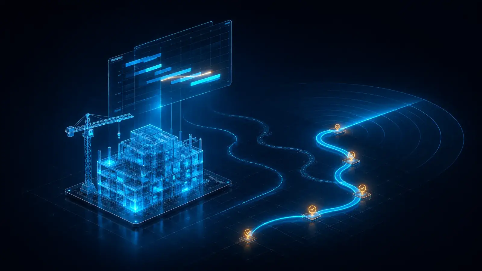 Ilustração isométrica do planejamento adaptativo: painel holográfico de cronograma sobre uma obra em wireframe com grua, projetando duas rotas à frente, a rota recalculada brilha com marcos âmbar enquanto a alternativa aparece esmaecida