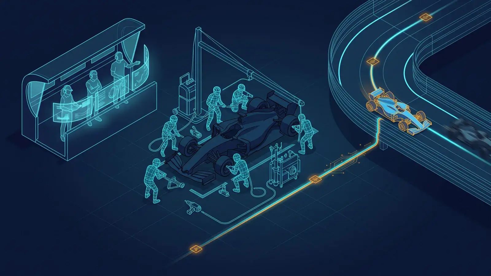 Muro dos boxes com estrategistas, carro parado no box e trecho de pista onde um carro mais leve se afasta, ligados por um fluxo de luz